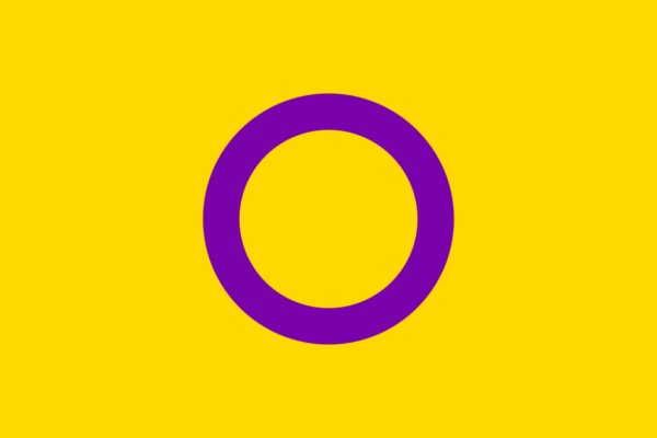 The intersex flag, a yellow background with a purple circle in the center, representing bodily autonomy and wholeness