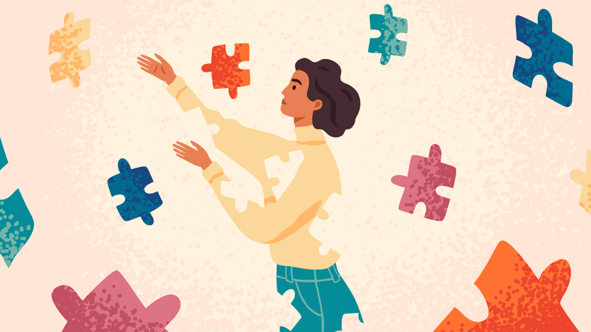 Is MRKH intersex? Illustration shows a person with medium-length hair in a baggy sweater reaching for floating puzzle pieces in the nearby air. The person also has puzzle piece shapes cut out from their body.