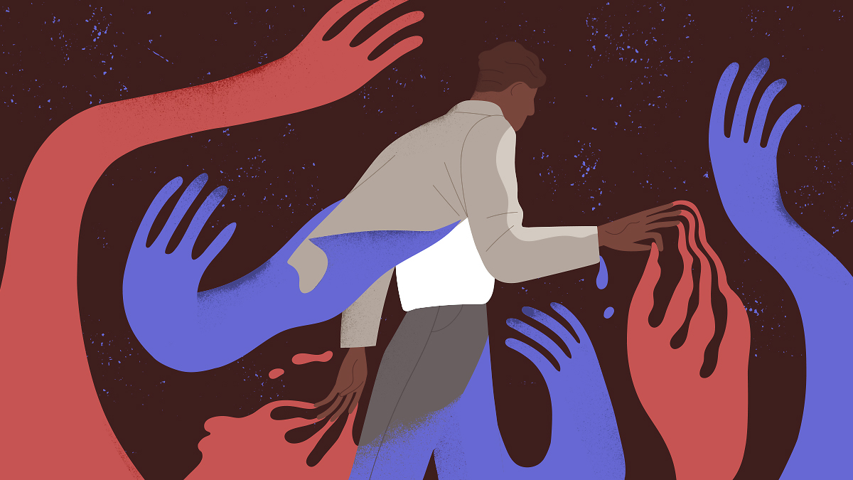 Illustration of a Black, queer, intersex masculine-presenting person, back turned away. They reach out their hand, and are grabbed by large, oozing red and blue hands extending from the ground around them.