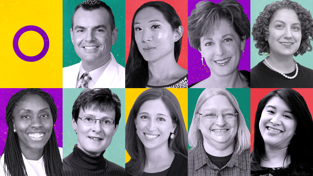 Headshots of 9 doctors doing work for intersex people. The 9 are arranged on a grid with an intersex flag in the corner.