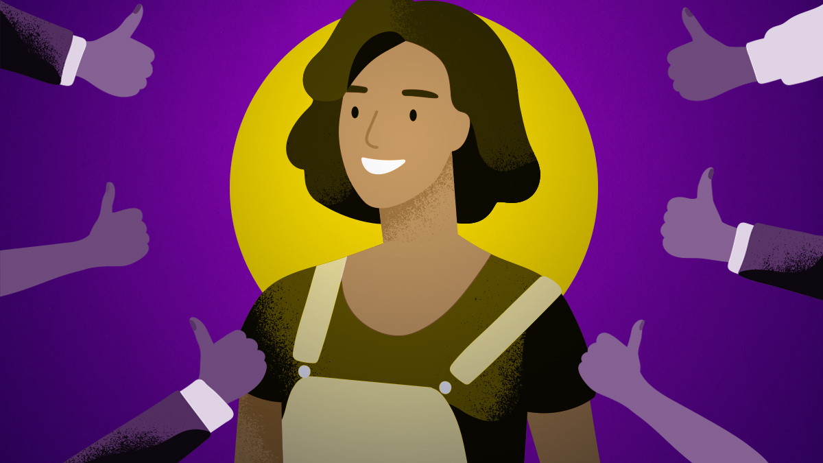 Illustration on themes of coming out as intersex, having boundaries in advocacy. Image shows a person, numbly smiling and staring off into the distance, surrounded by hands making thumbs up gestures. The background is intersex flag colors.