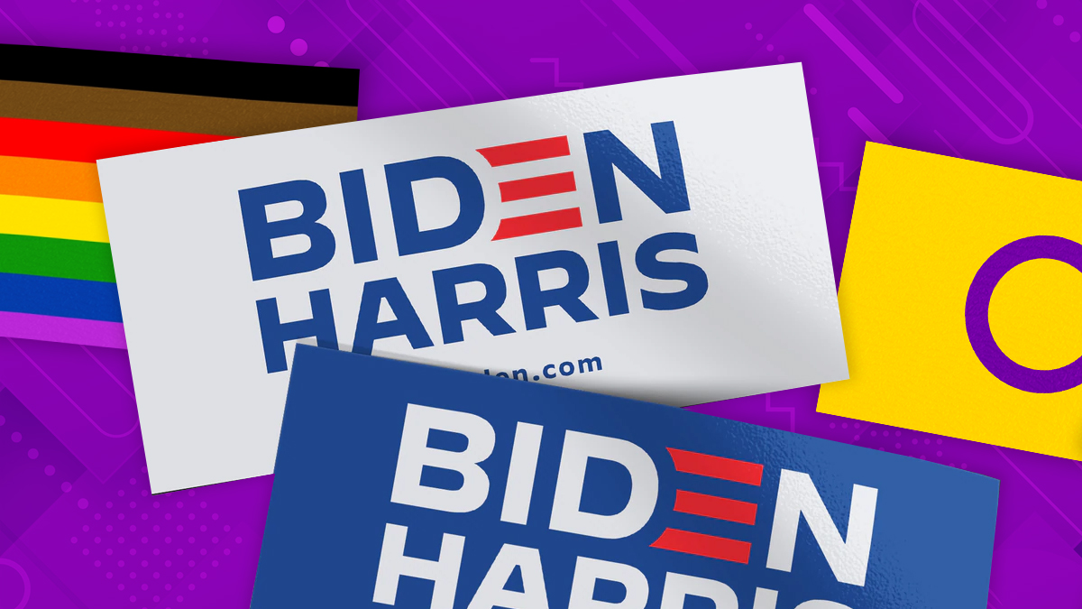 Biden Harris bumper stickers, with intersex and Philly Pride flags behind them.