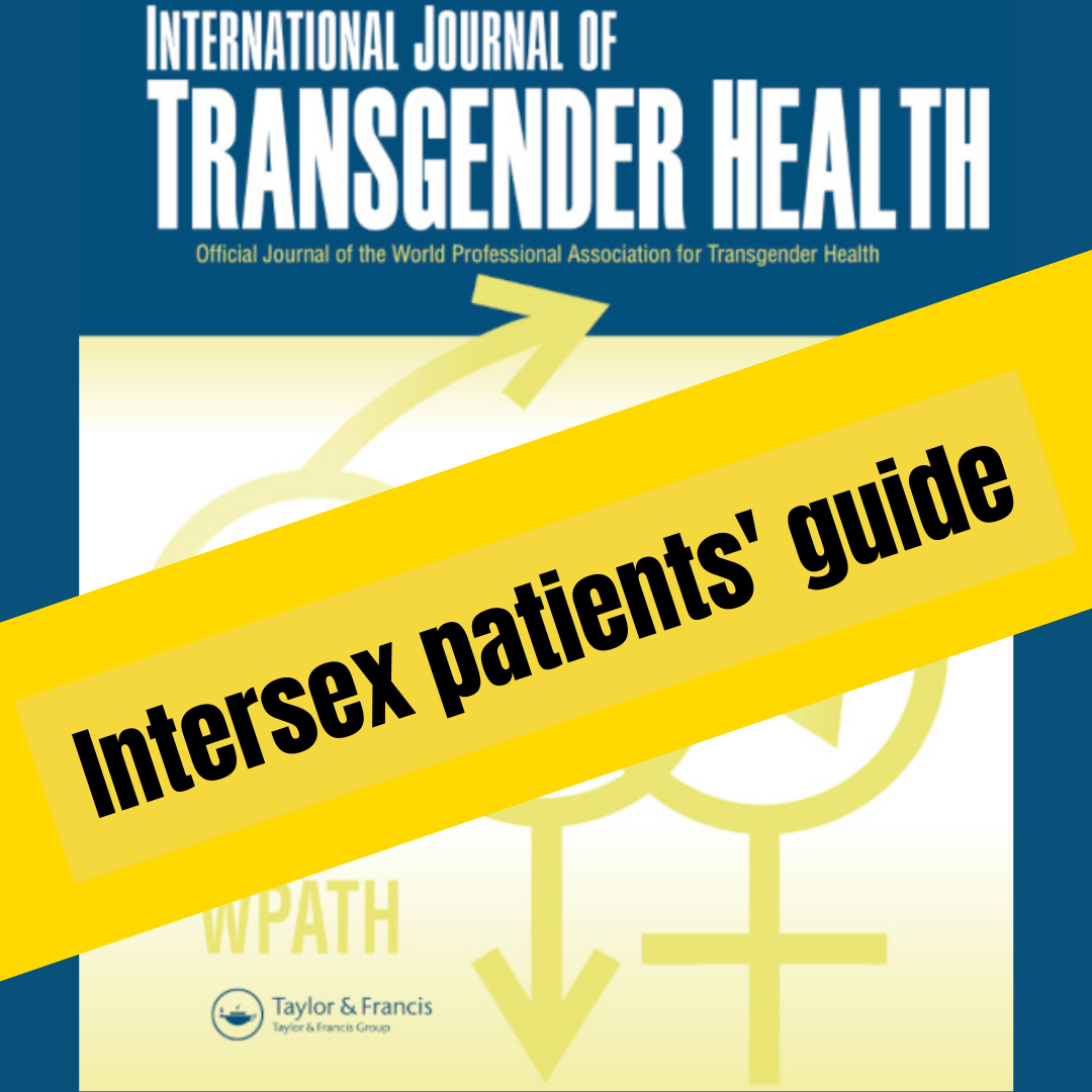 A copy of the International Journal of Transgender Health is covered by a sign that reads "Intersex patient's guide"