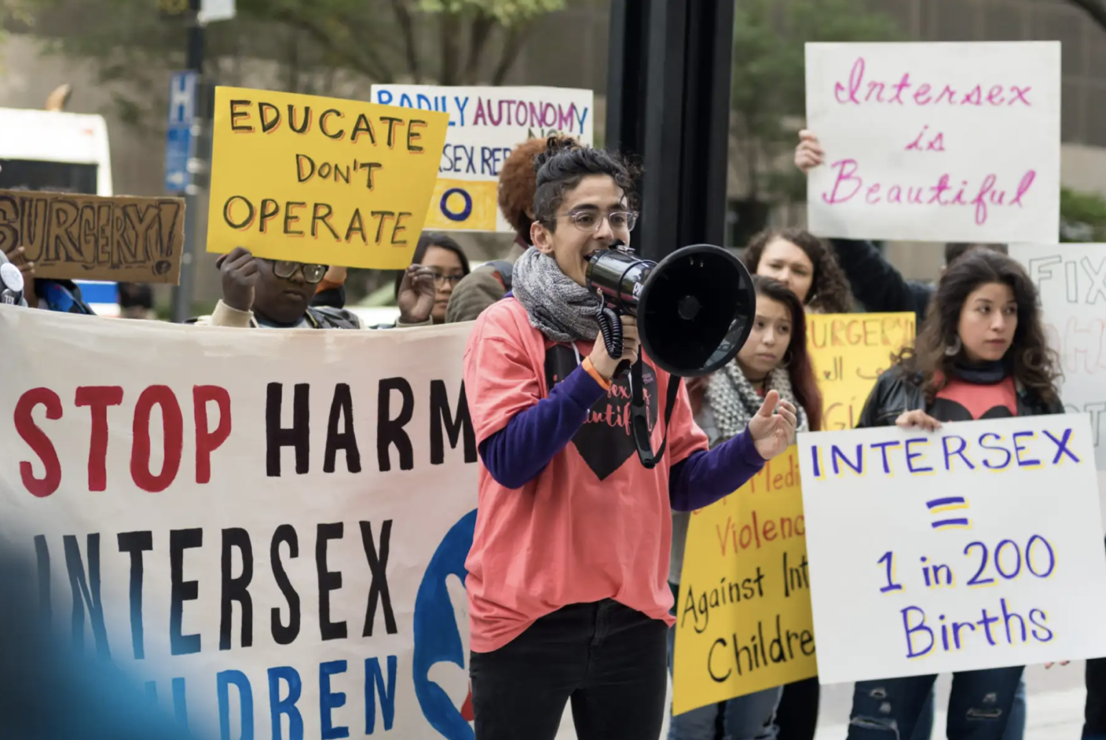 Pidgeon Pagonis, co-founder of the Intersex Justice Project, at a protest in 2017. (SARAH-JI, INTERSEX JUSTICE PROJECT)
